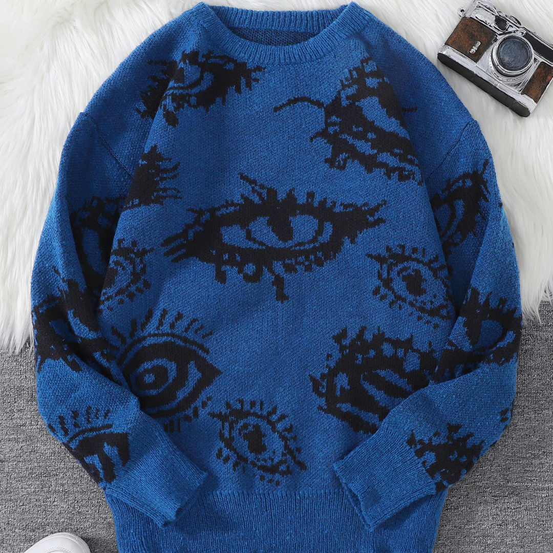 Beige relaxed-fit round-neck knit sweater with abstract eye jacquard pattern for casual wear