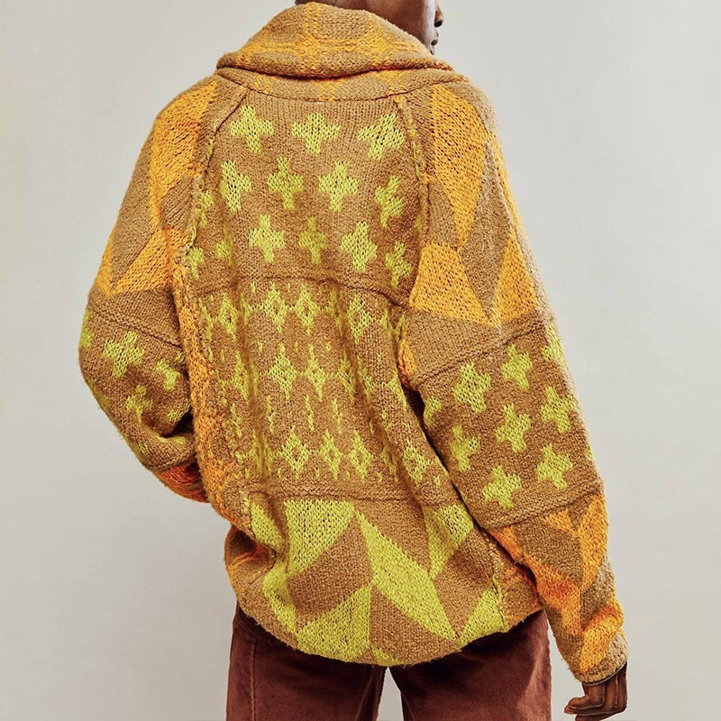 Devran oversized knitted cardigan in neutral tones with woven geometric pattern and weighty structured drape