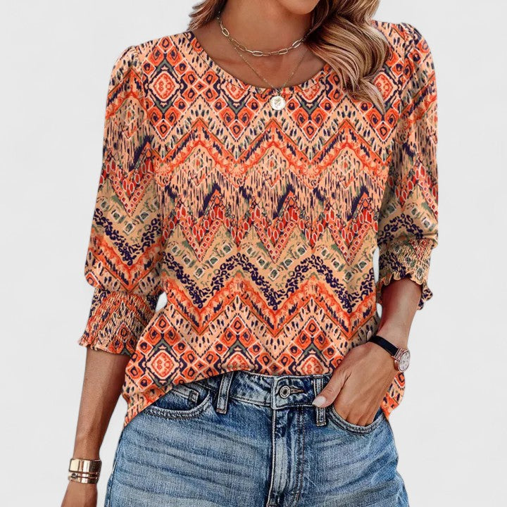 Women's relaxed crew neck top with smocked cuffs, 3/4 sleeves, effortless polished everyday style