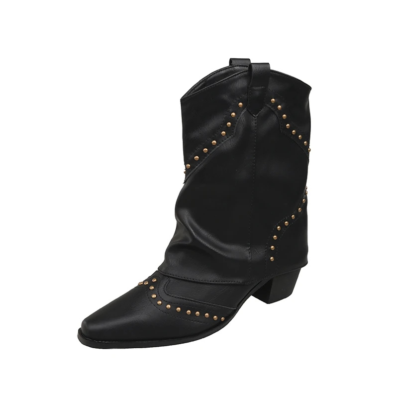 Women's brown studded Western cowboy boots mid-heel with bold metal stud embellishments