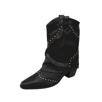 Women's brown studded Western cowboy boots mid-heel with bold metal stud embellishments
