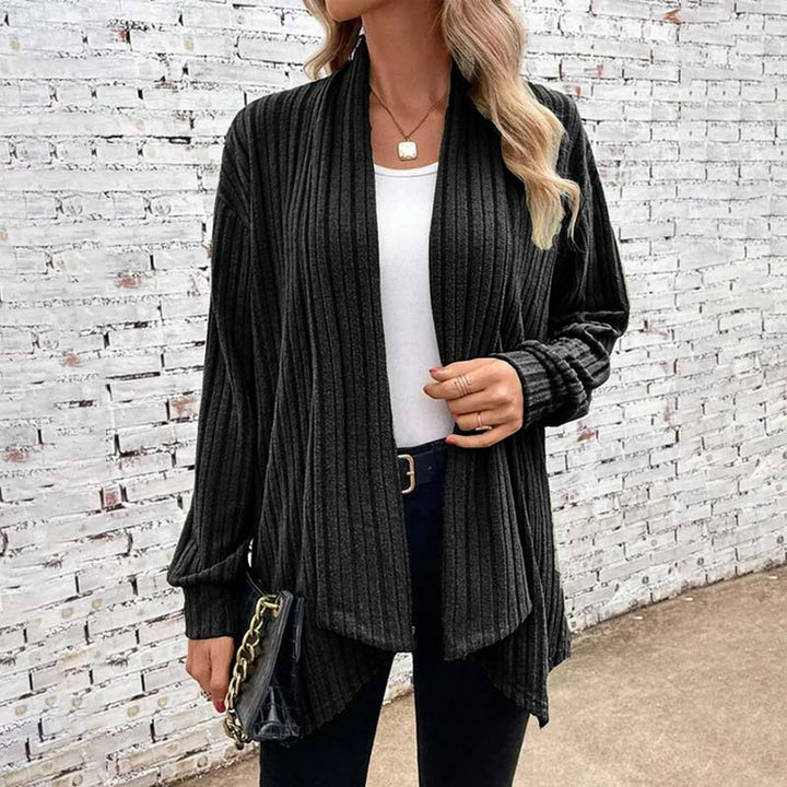 Women's relaxed-fit open-front cardigan in soft ribbed knit, casual layering style with fluid drape