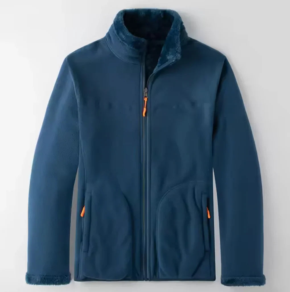 Men's gray fleece full-zip jacket with plush lining, regular fit, and deep side pockets for cozy warmth