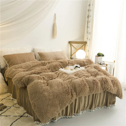 Ivory plush velvet duvet cover set with quilted pillow covers, soft hotel-style bedding