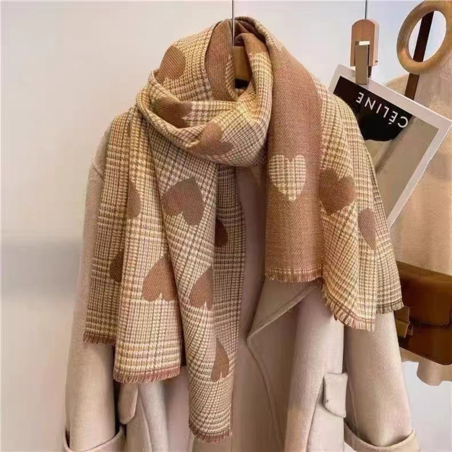 Warm reversible plaid scarf with double-sided design and fringe tassels in cozy winter style