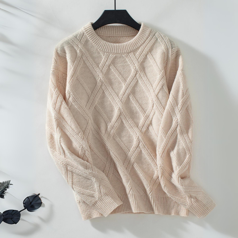 Cozy ivory diamond knit sweater with ribbed trims and classic round neckline for women