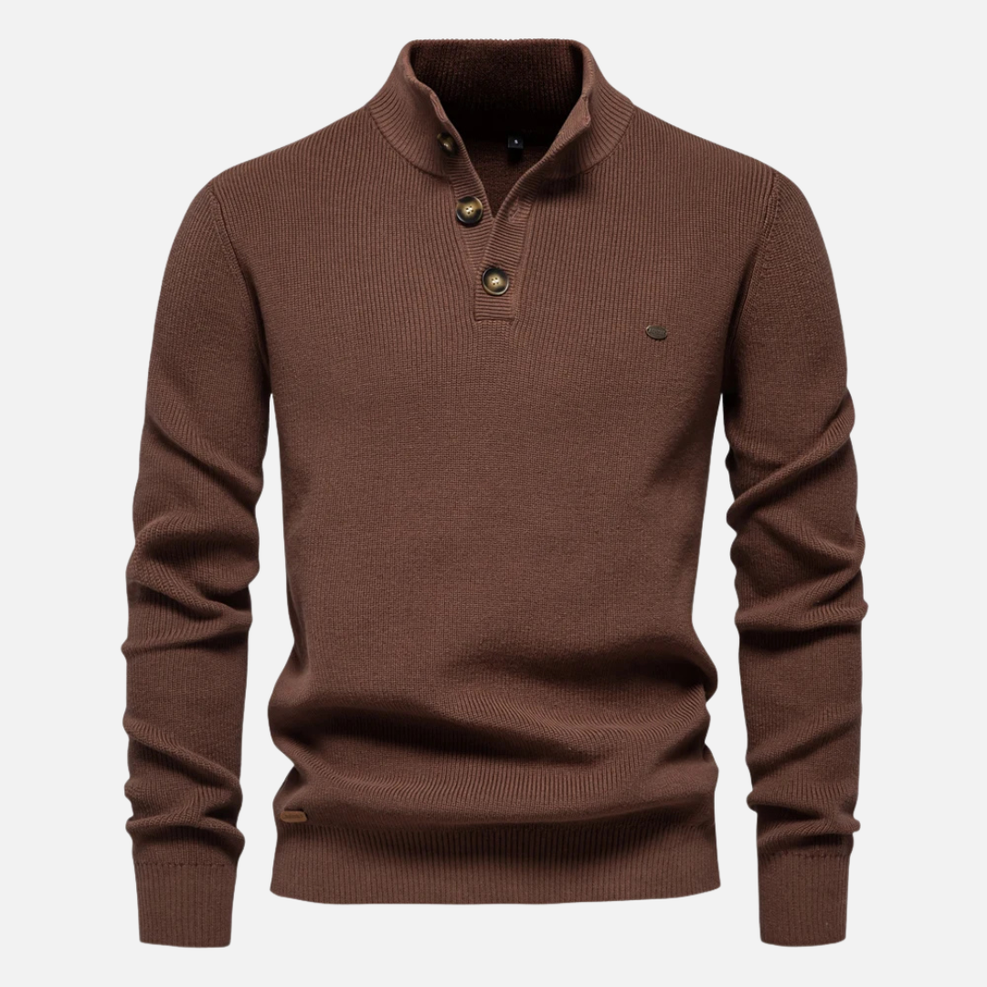 Men's slim-fit wool blend turtleneck sweater with button collar detail, rib knit warm casual layer
