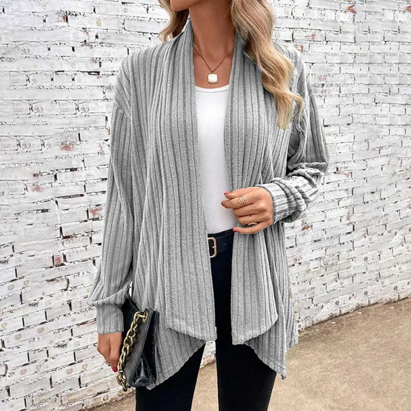 Women's relaxed-fit soft knit cardigan with ribbed texture and open front for effortless casual layering