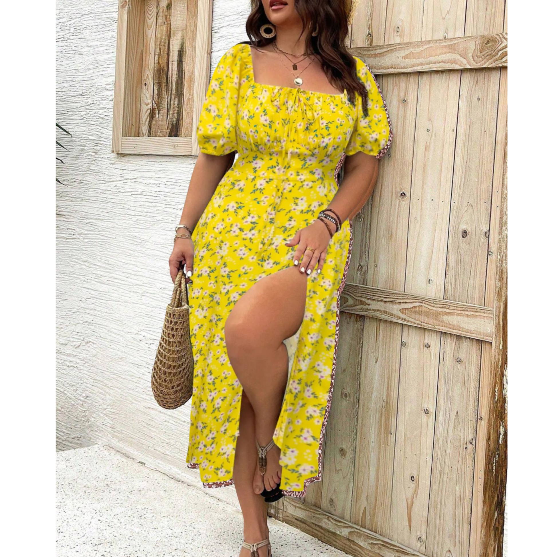 Elegant black plus size puff sleeve maxi dress with flowing length and curve-flattering fit