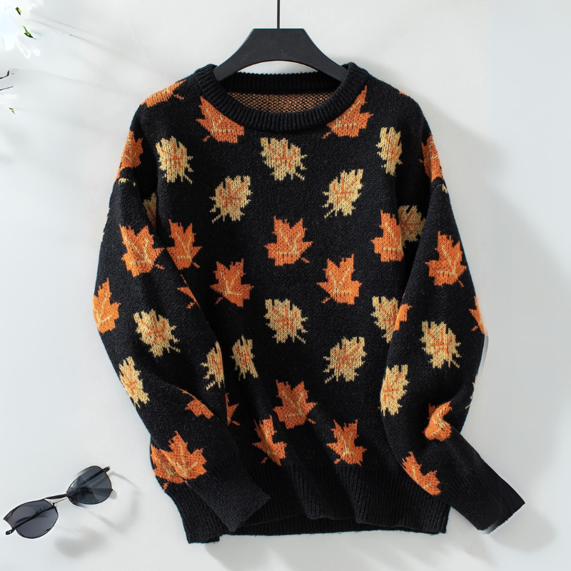 Maple Dream relaxed-fit knit sweater with tonal maple-leaf jacquard and ribbed cuffs