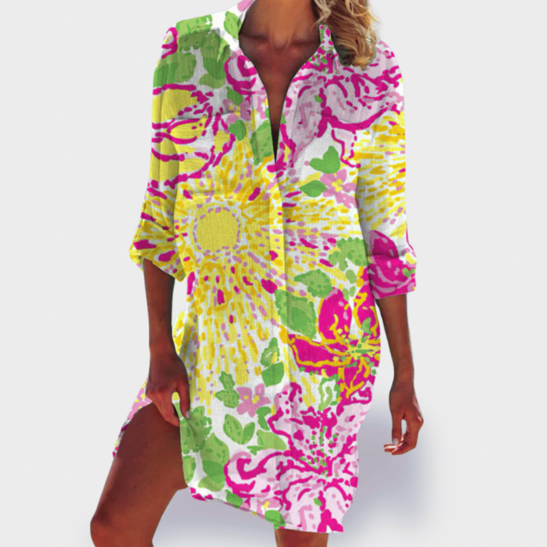 Women's flowy draped casual summer dress in vibrant multicolor with curve-flattering silhouette