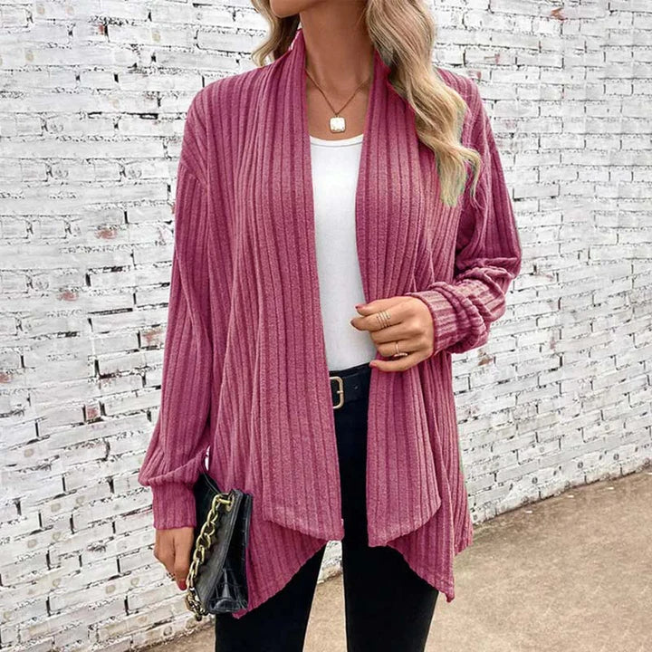 Women's relaxed-fit open-front cardigan in soft ribbed knit, casual layering style with fluid drape