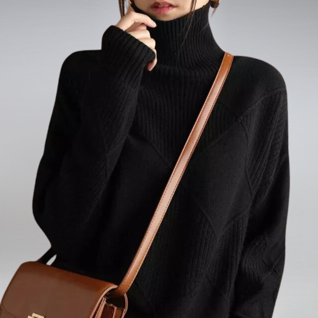 Beige ribbed turtleneck sweater relaxed fit with textured diamond knit pattern for women
