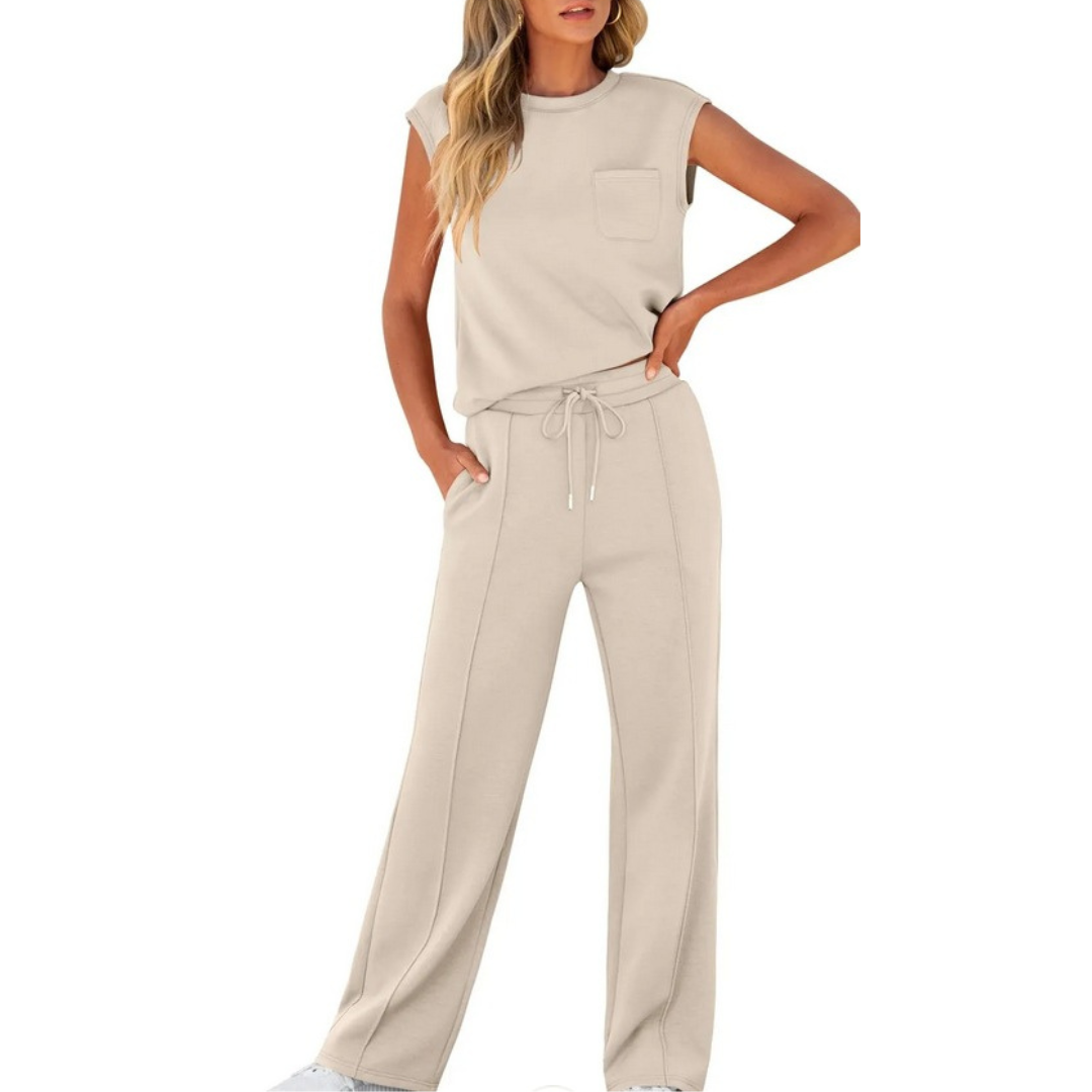 Women's soft lounge co-ord set casual summer matching top and wide-leg pants relaxed drape fit