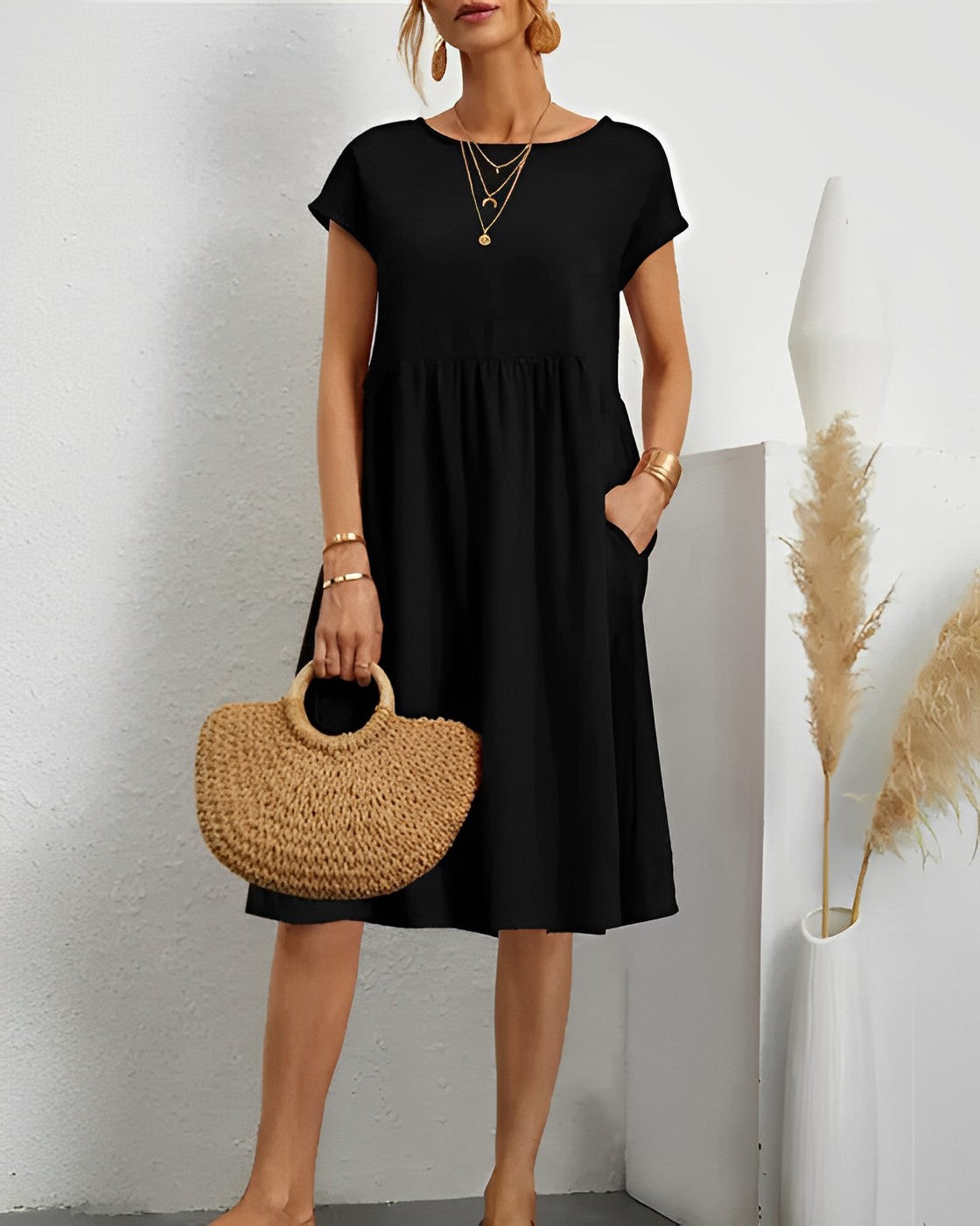 Women's loose fit midi dress short sleeves round neck cotton blend with practical pockets