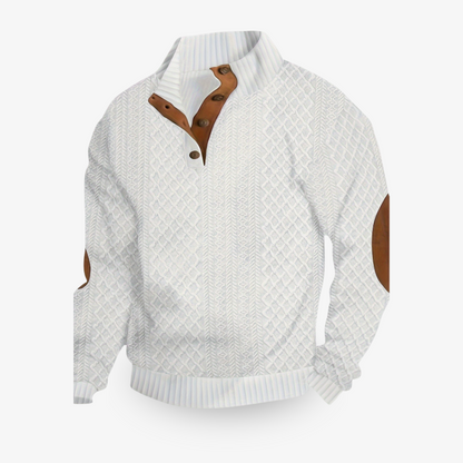 Men's wool cable knit sweater high collar button closure elbow patches Nordic heritage style