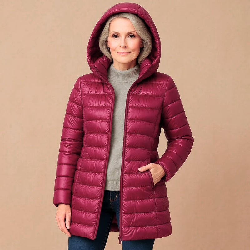 Olivia women's lightweight down jacket hooded streamlined silhouette ultra-light insulation