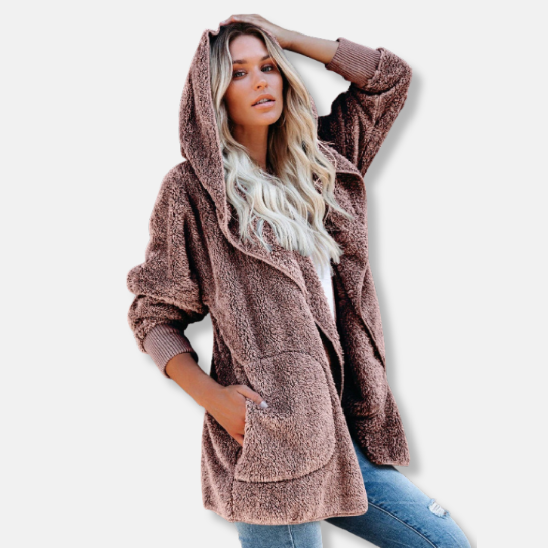 Women's oversized sherpa fleece hooded cardigan in cozy open-front style with deep pockets