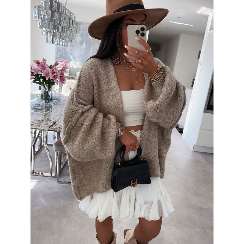 Montra oversized cardigan in neutral tone with sculpted sleeves and cozy relaxed knit fit