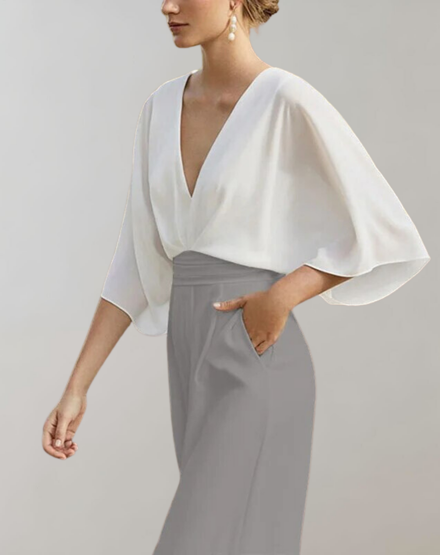 Blush pink wide leg jumpsuit batwing sleeves deep V-neckline floor-length formal women's one-piece