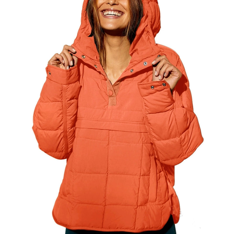 Noria quilted pullover puffer jacket with hooded button-up neckline, lightweight water-resistant insulation