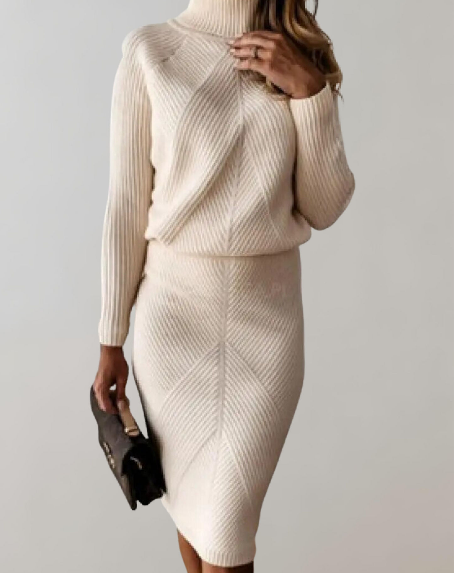 Wavlynn Léa ribbed knit two-piece set beige turtleneck sweater fitted pencil skirt monochrome