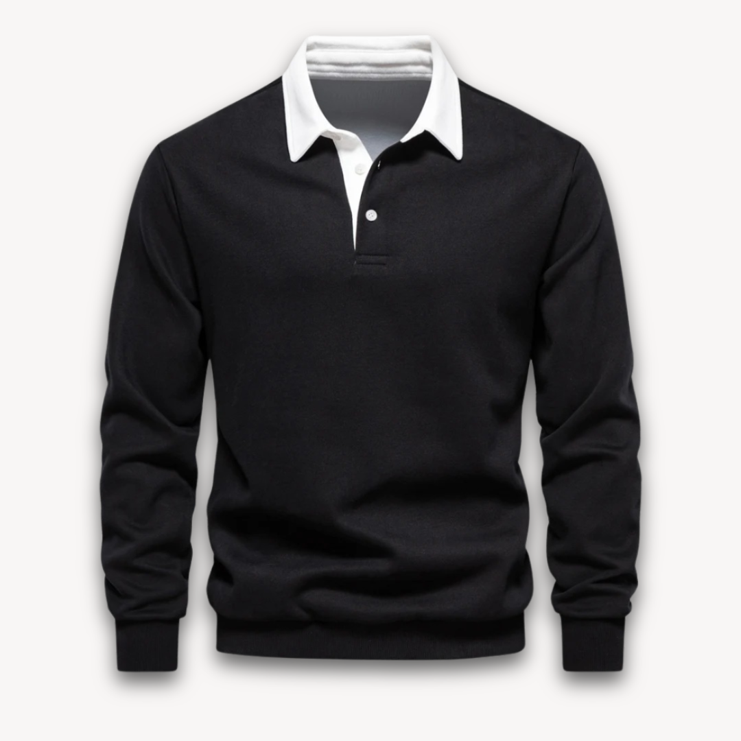 Navy blue men's polo sweater regular fit long sleeve soft knitted natural fiber knitwear
