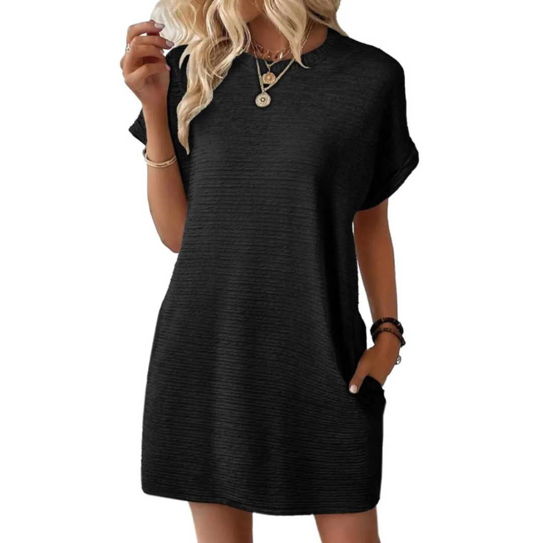 Hot pink ribbed mini dress women crew neck short sleeve T-shirt silhouette relaxed fit