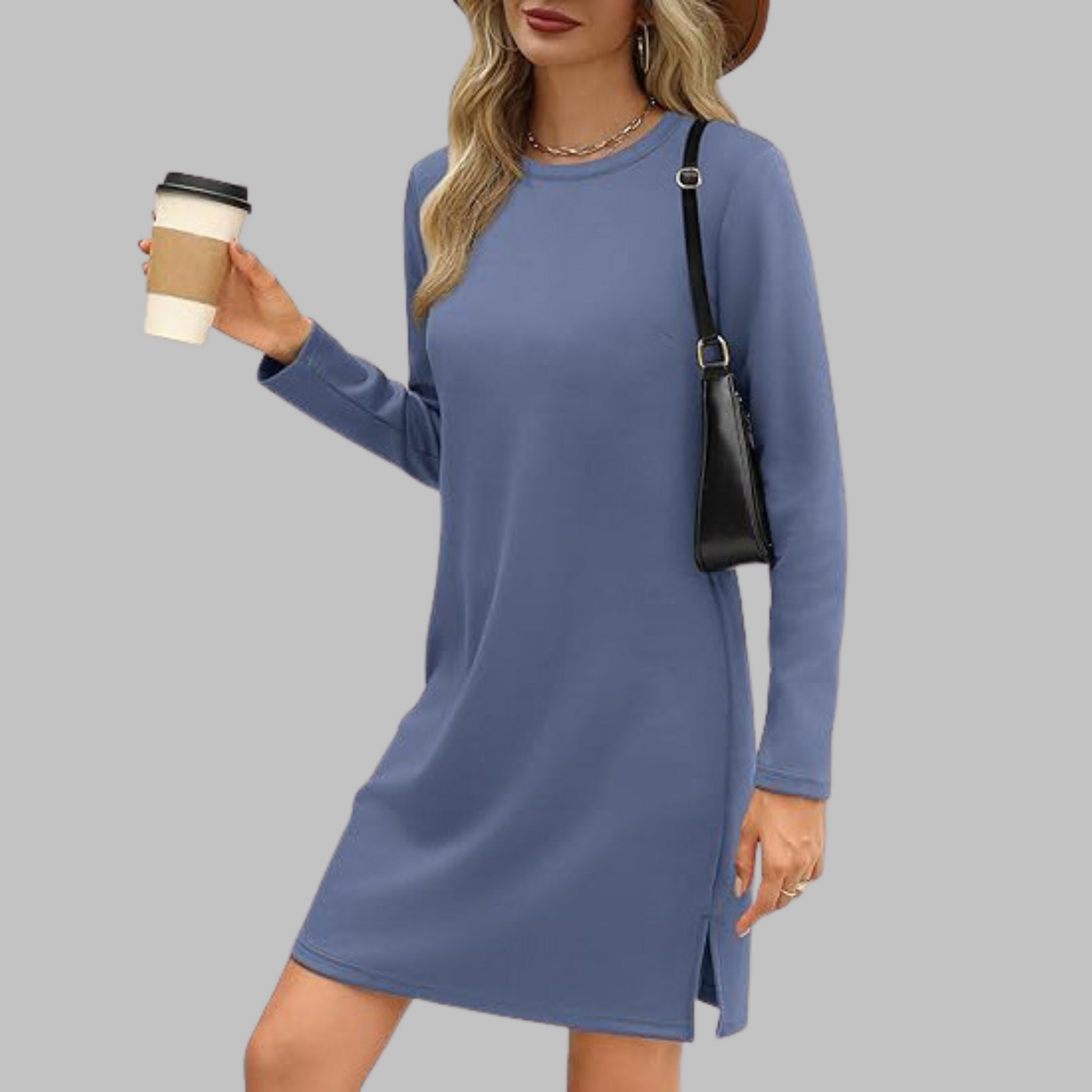 Alayah slim fit long sleeve round neck dress with tummy coverage in everyday casual style