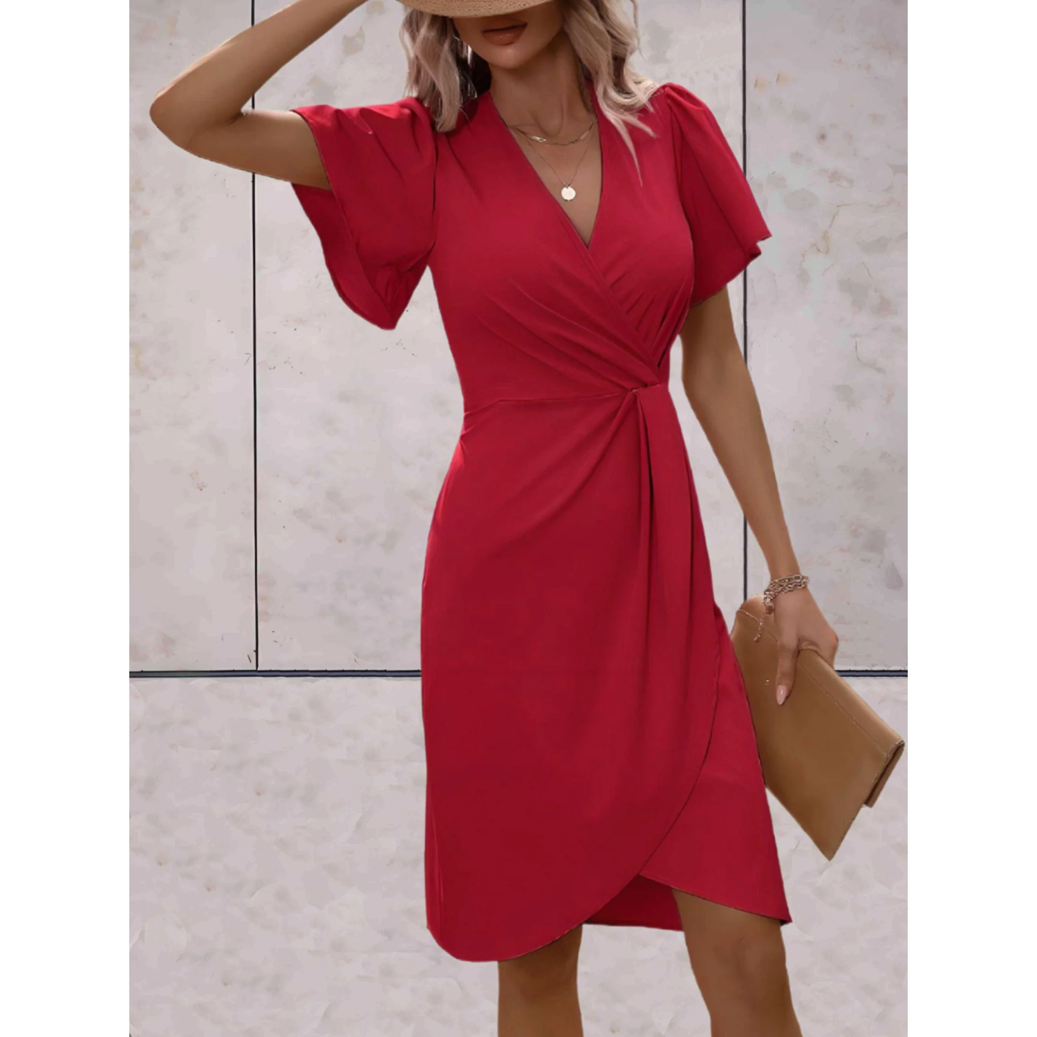 Nude bodycon wrap midi dress with flutter sleeves, deep V-neckline, and twisted wrap front detail