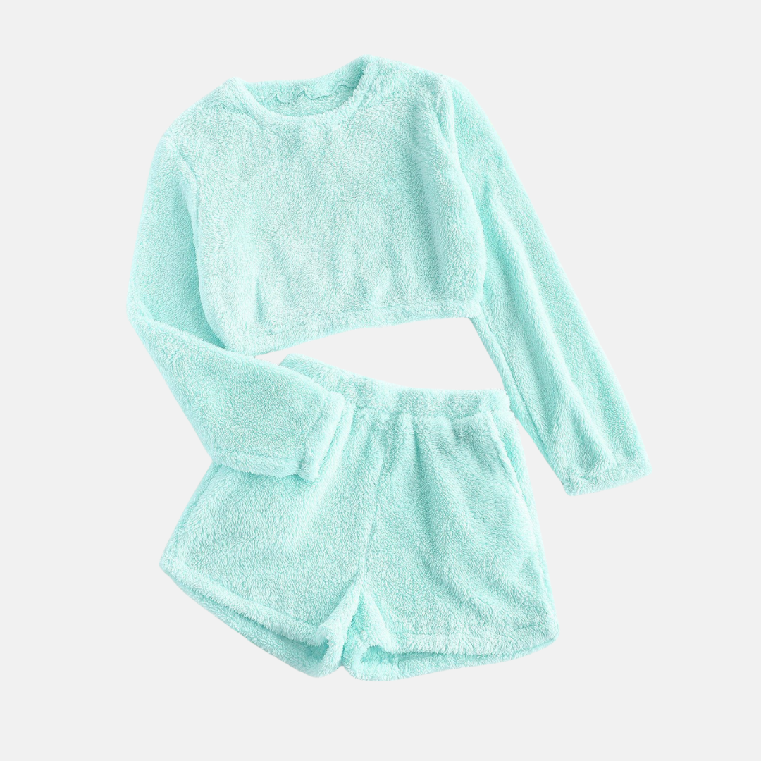 Women's plush two-piece loungewear set cropped long-sleeve top high-waisted shorts cloud-soft texture