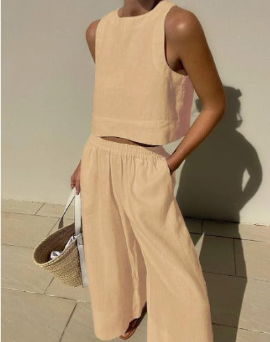 Women's linen two-piece set crop top wide-leg pants vibrant summer coordinated outfit