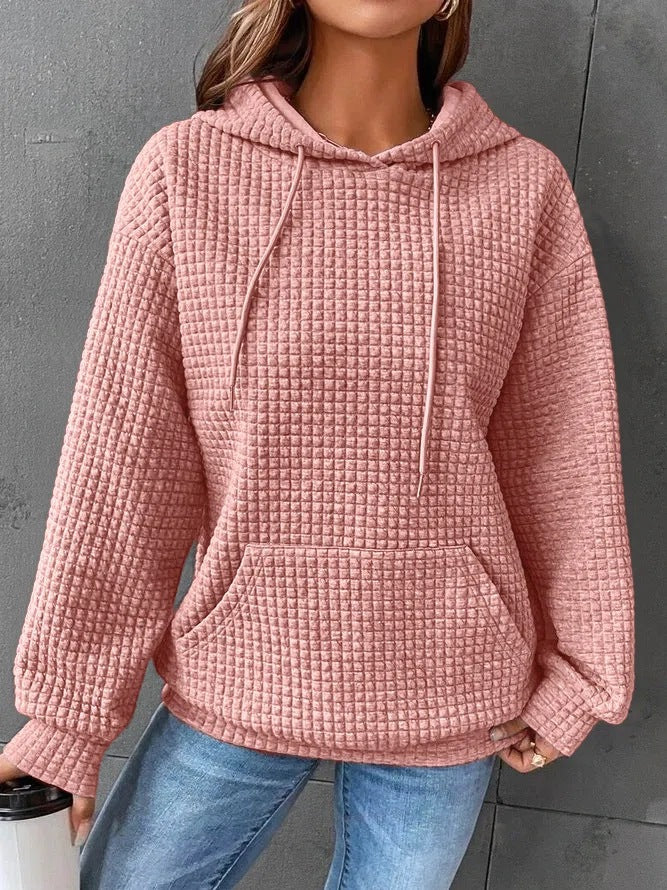 Women's relaxed-fit quilted hoodie with drawstring hood, kangaroo pocket, and ribbed trim