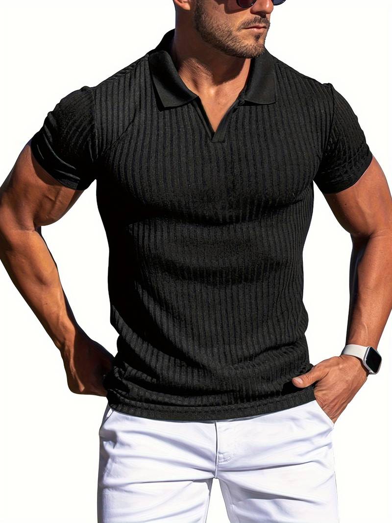 Men's slim fit ribbed knit polo shirt short sleeve casual stylish comfortable everyday wear