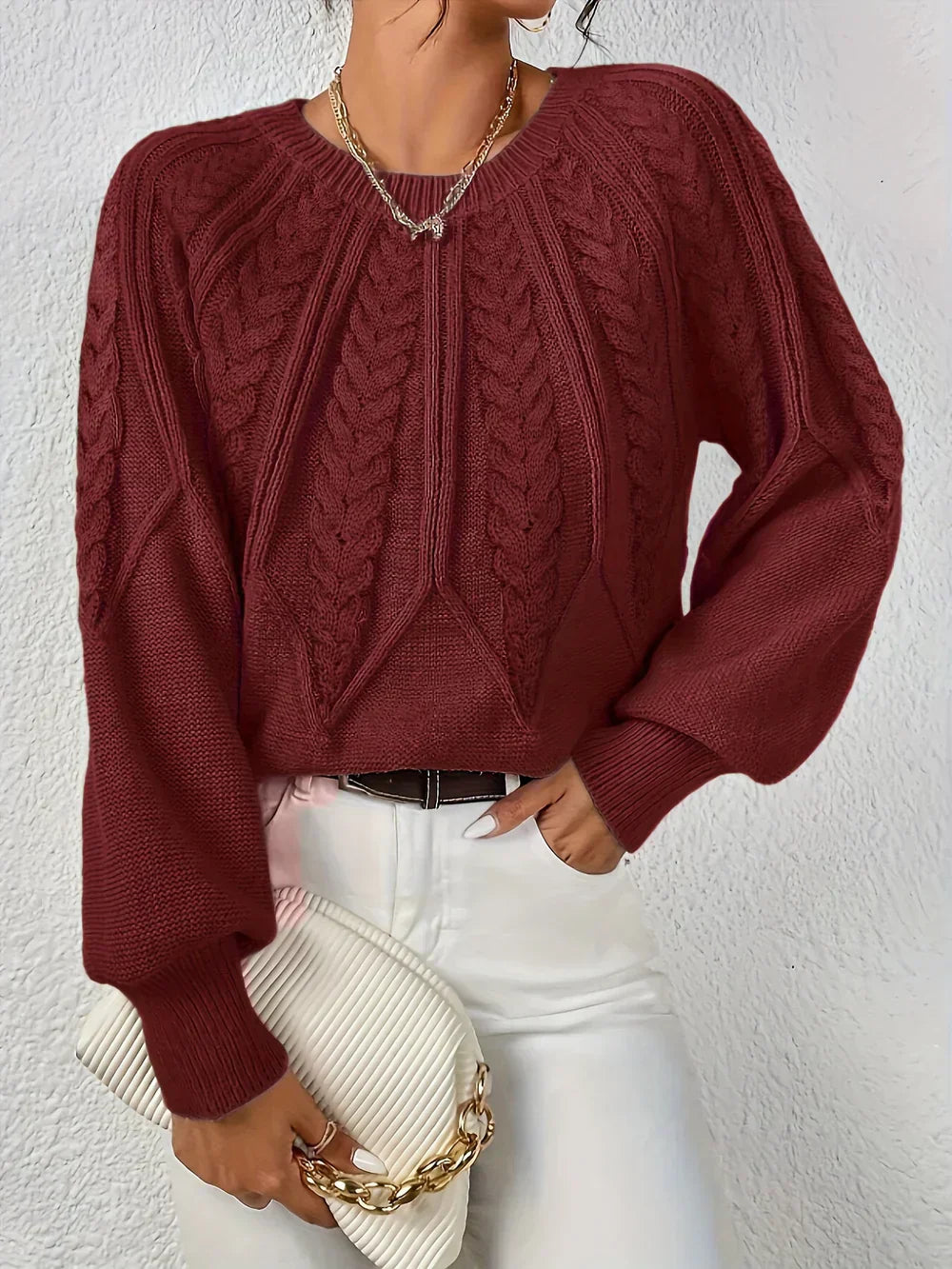 Willow cream cable-knit relaxed-fit sweater with intricate textured detailing for women