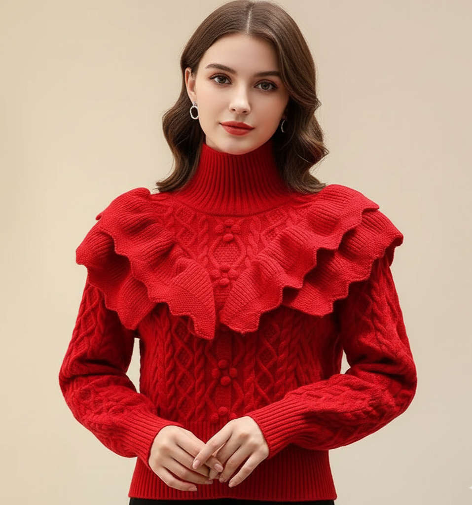 Women's cream cable knit high neck sweater with bold cascading ruffled shoulders elegant fit
