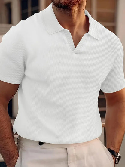 Men's ribbed knit polo shirt short sleeve V-neck cotton blend textured everyday essential