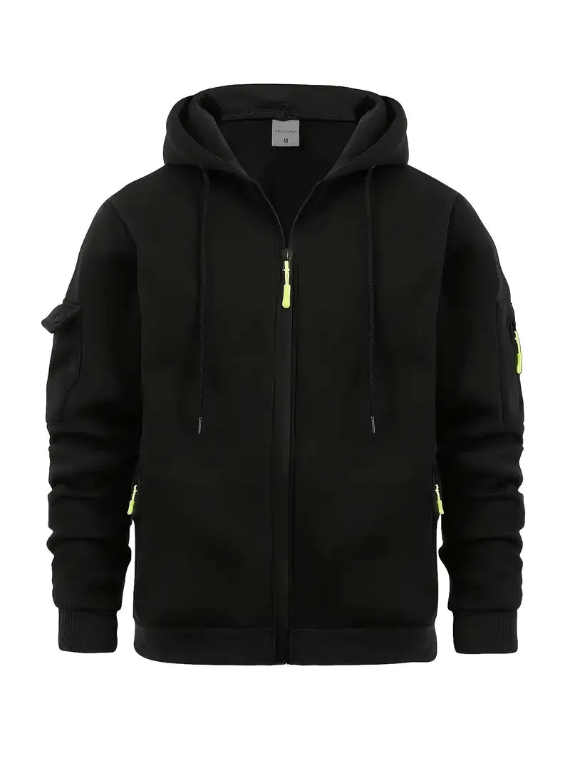 Men's lightweight gray zip-up hoodie with full-length zipper and functional pockets, relaxed fit