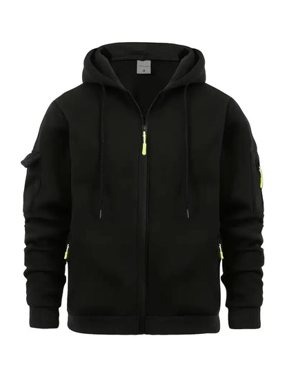 Men's lightweight gray zip-up hoodie with full-length zipper and functional pockets, relaxed fit