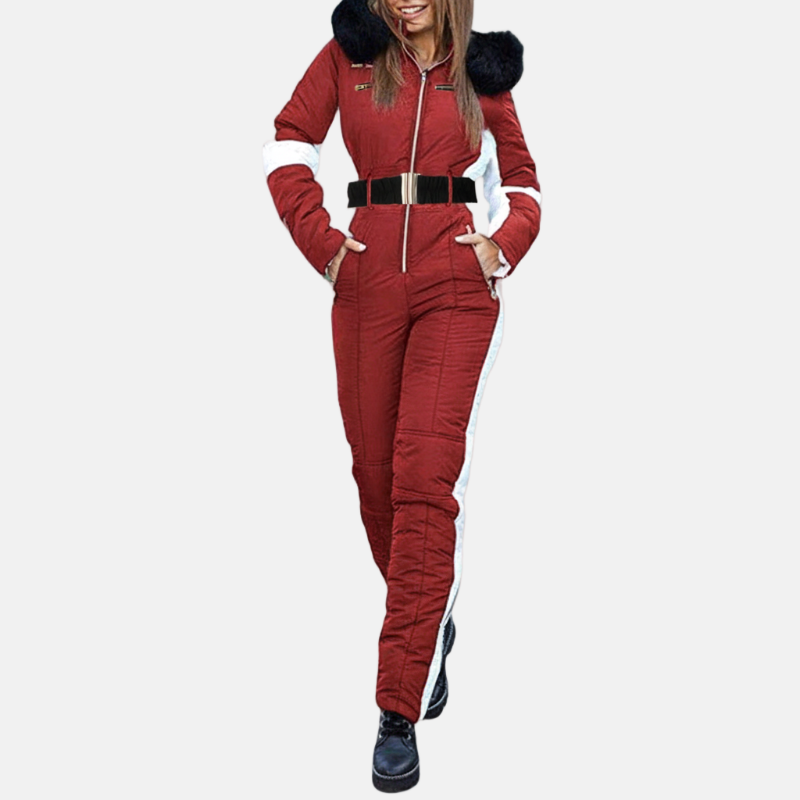 Women's white belted one-piece ski suit with plush-trimmed hood, slim-fit silhouette for winter outdoor wear