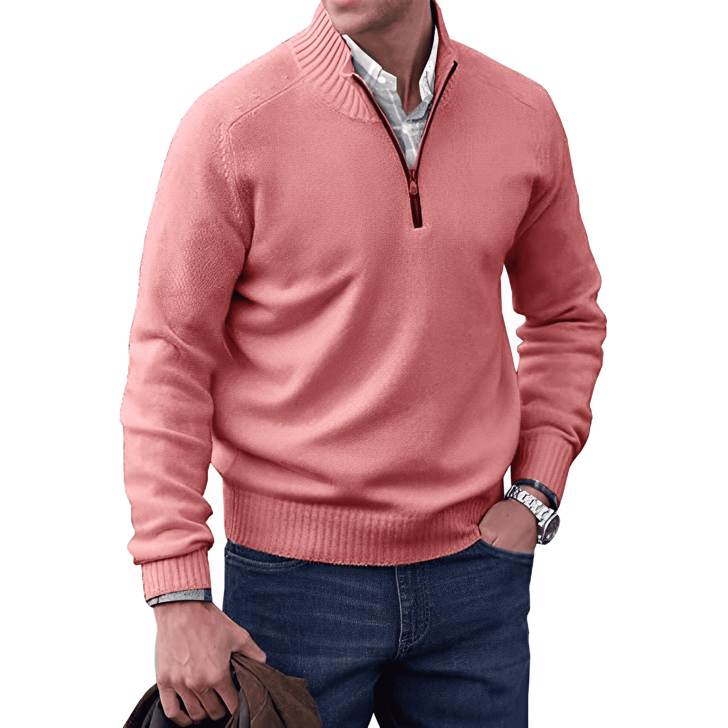 Men's gray knitted half-zip pullover jumper with soft cozy texture for layering warmth and versatile style
