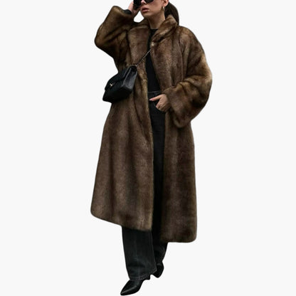 Women's long faux fur coat straight silhouette cozy warm plush texture casual everyday style