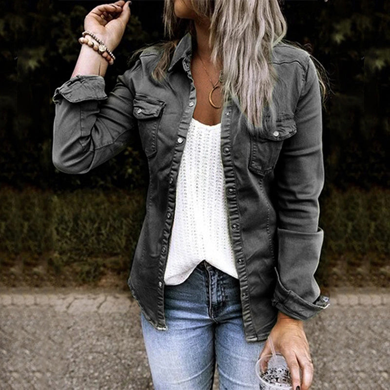 Arya lightweight denim shirt jacket in classic blue, tailored cut with full button front placket