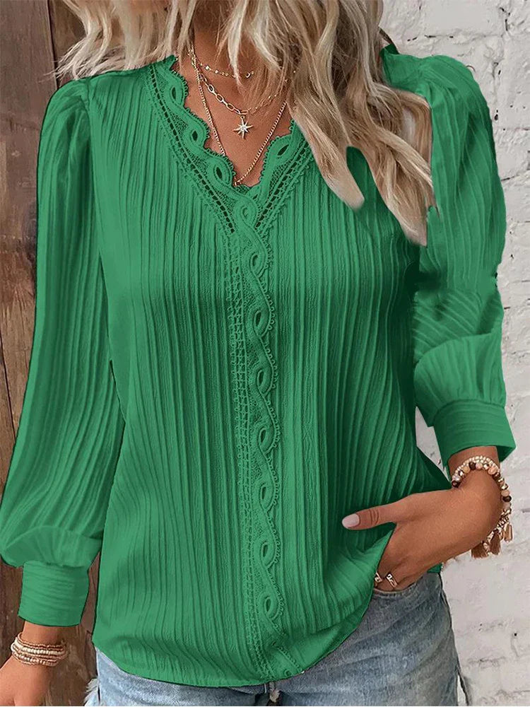 Ivory chiffon blouse with lace neckline details, relaxed feminine fit for spring