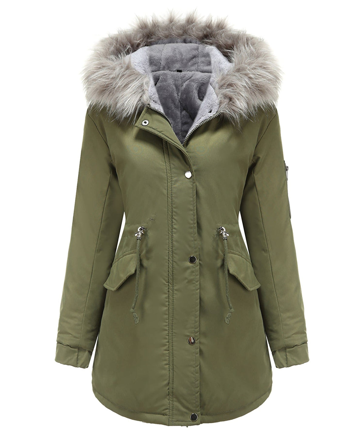 Women's winter parka coat with faux fur hood, sherpa-lined interior, water-resistant insulated design