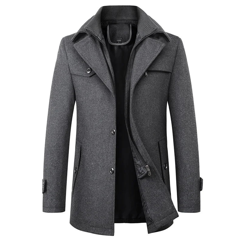 Men's long tailored winter overcoat elegant slim silhouette formal versatile button-front classic style