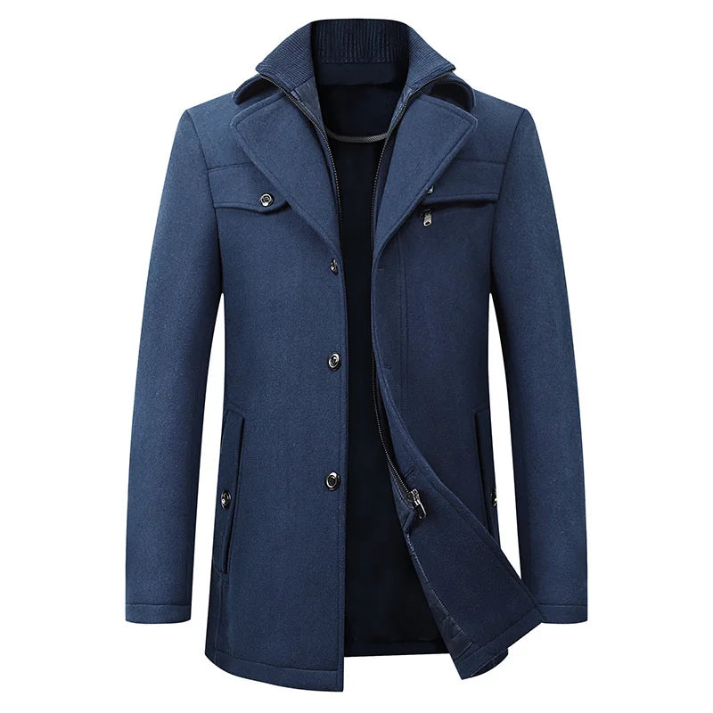 Men's long wool overcoat tailored silhouette elegant winter formal versatile button front closure