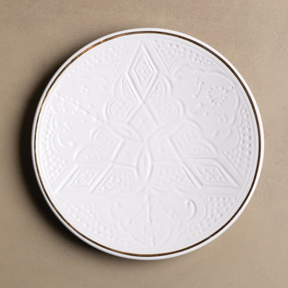 White Moroccan handcrafted dinner plate with sleek contemporary design and 12-carat gold accents
