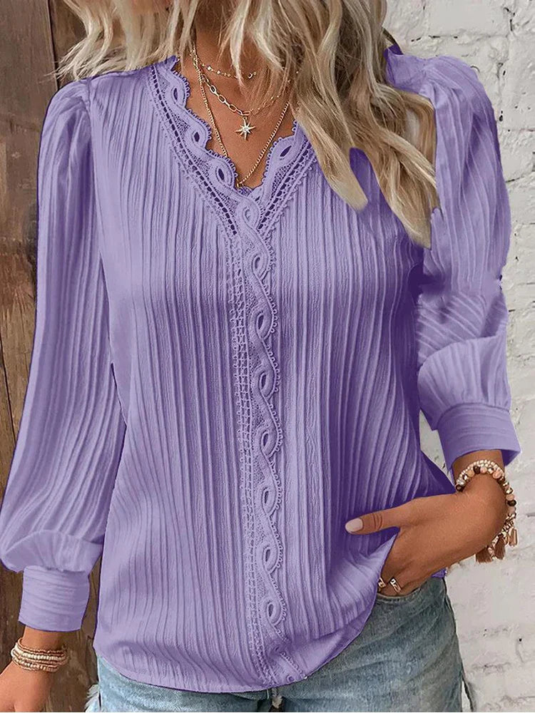 Ivory chiffon blouse relaxed fit with intricate lace accents along neckline and front