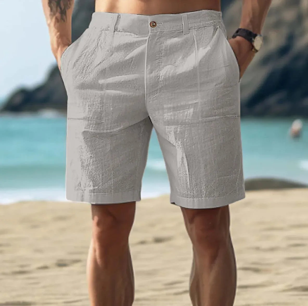 Men's relaxed linen summer shorts drawstring waistband lightweight breathable casual style
